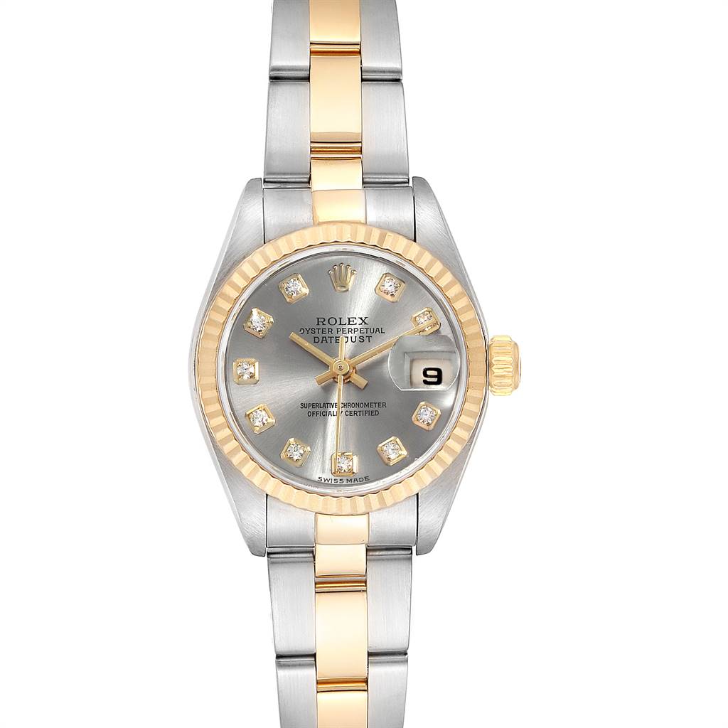 The image shows a frontal view of a Rolex Datejust 79173 Women's Stainless Steel Grey Dial 79173 Women's Stainless Steel Grey Dial watch featuring a two-tone bracelet and diamond hour markers.