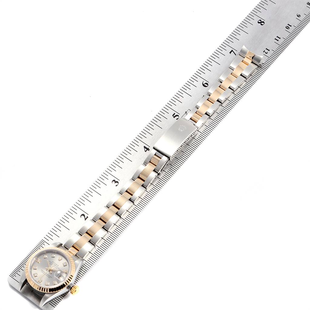 The image shows a Rolex Datejust 79173 Women's Stainless Steel Grey Dial 79173 Women's Stainless Steel Grey Dial watch lying flat, measured alongside a ruler, displaying the face and entire bracelet.