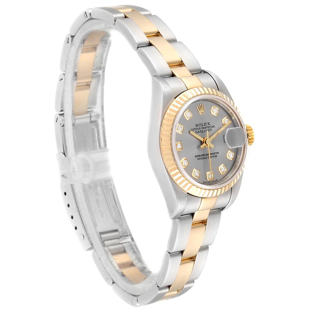 This image shows the Rolex Datejust 79173 Women's Stainless Steel Grey Dial 79173 Women's Stainless Steel Grey Dial watch at a three-quarter angle, highlighting its dial, bezel, and two-tone bracelet.