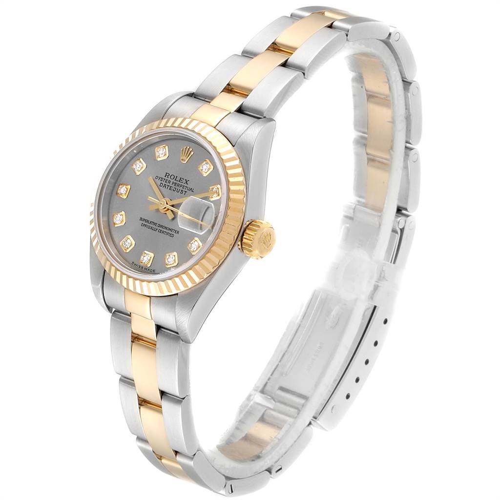 This Rolex Datejust 79173 Women's Stainless Steel Grey Dial 79173 Women's Stainless Steel Grey Dial watch is shown at a three-quarter angle, displaying the dial, bezel, crown, and bracelet.