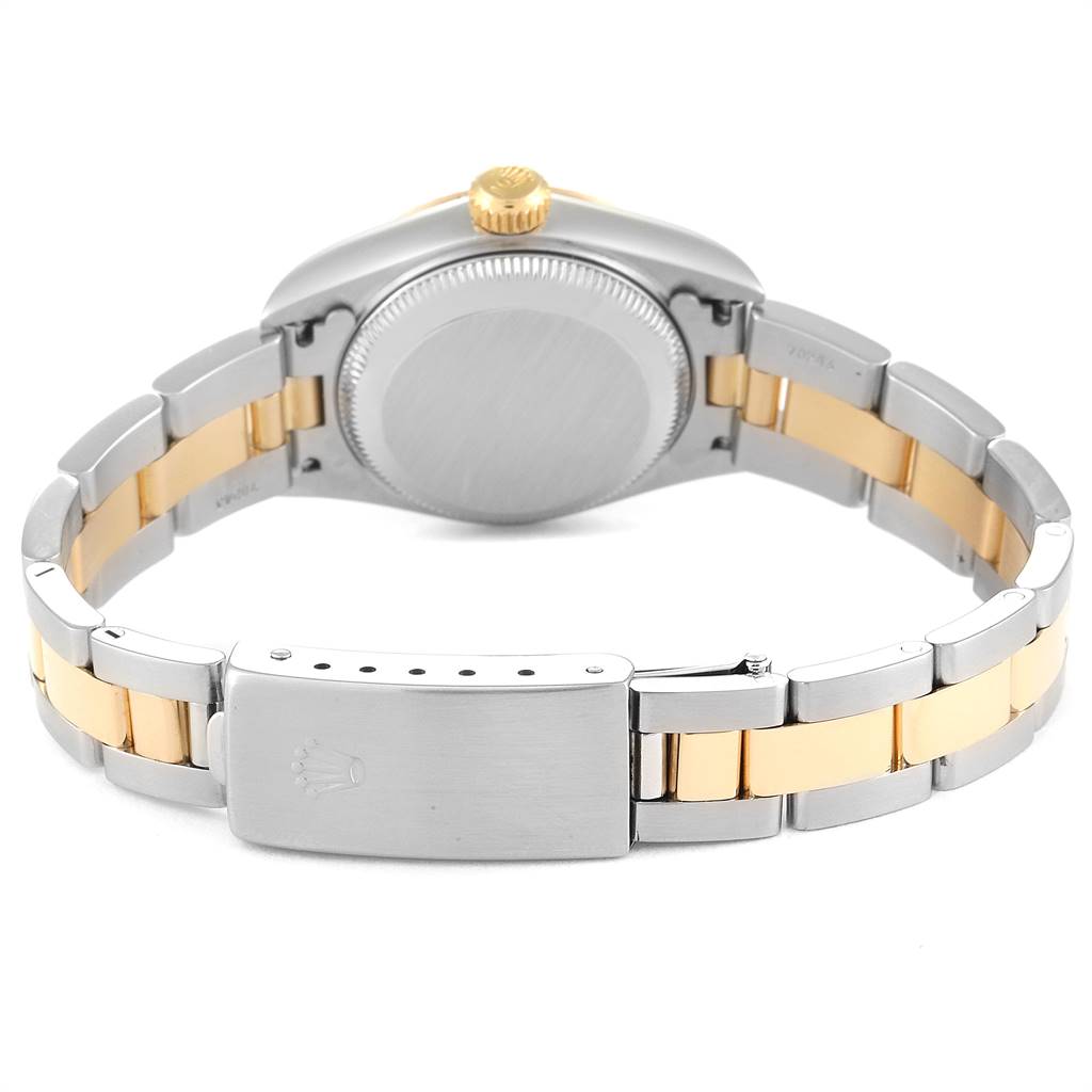 This image shows the back view of a Rolex Datejust 79173 Women's Stainless Steel Grey Dial 79173 Women's Stainless Steel Grey Dial, highlighting its two-tone bracelet and clasp.