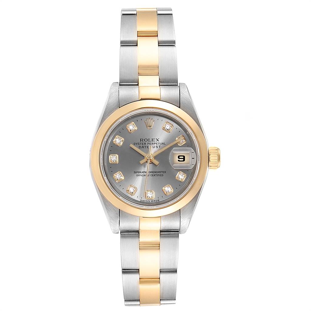 The image shows a Rolex Datejust 69163 Women's Steel and Gold (two tone) Grey Dial 69163 Women's Steel and Gold (two tone) Grey Dial watch from a front angle, highlighting the dial, bezel, and bracelet.