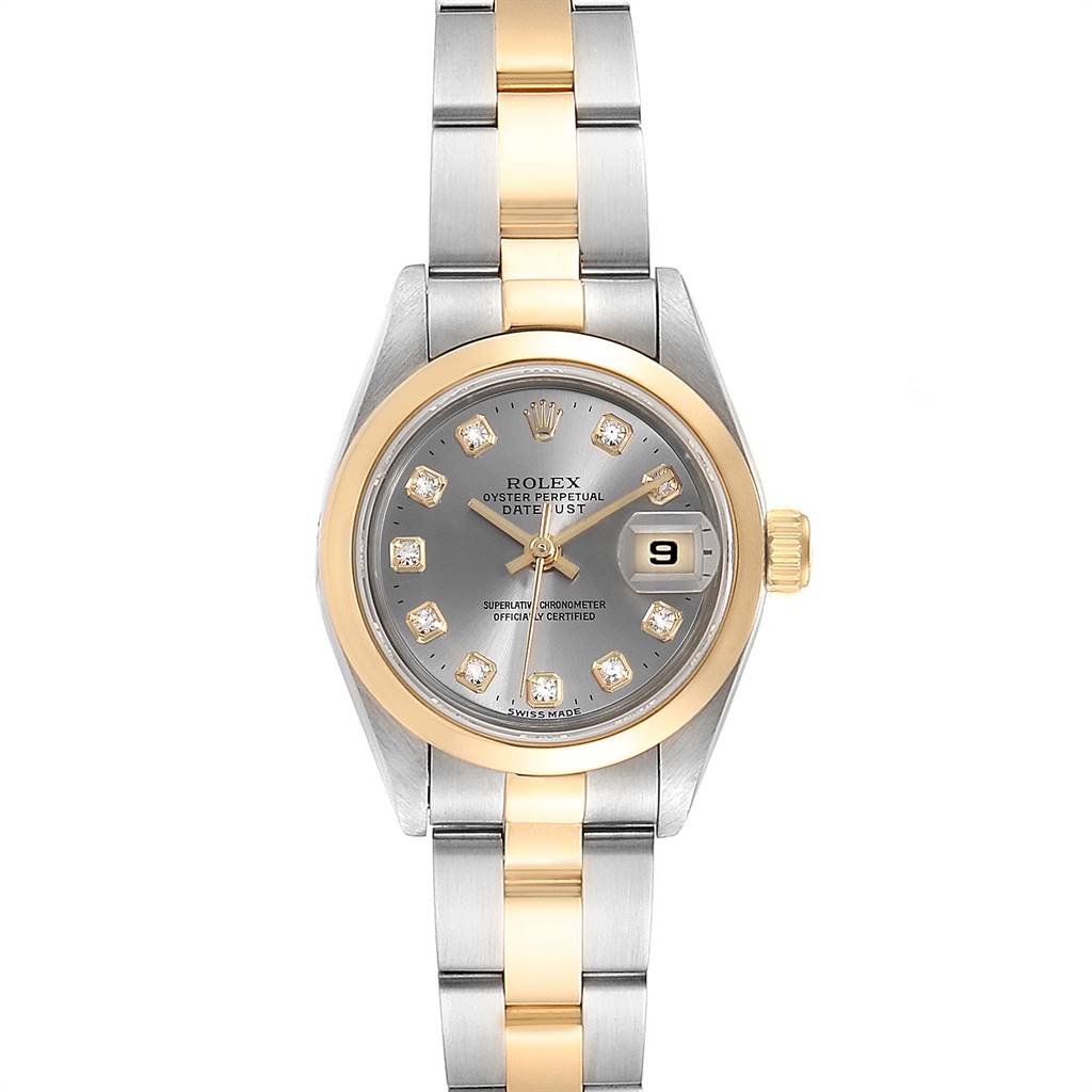 The image shows a front view of a Rolex Datejust 69163 Women's Steel and Gold (two tone) Grey Dial 69163 Women's Steel and Gold (two tone) Grey Dial watch, highlighting the dial, bezel, and two-tone bracelet.