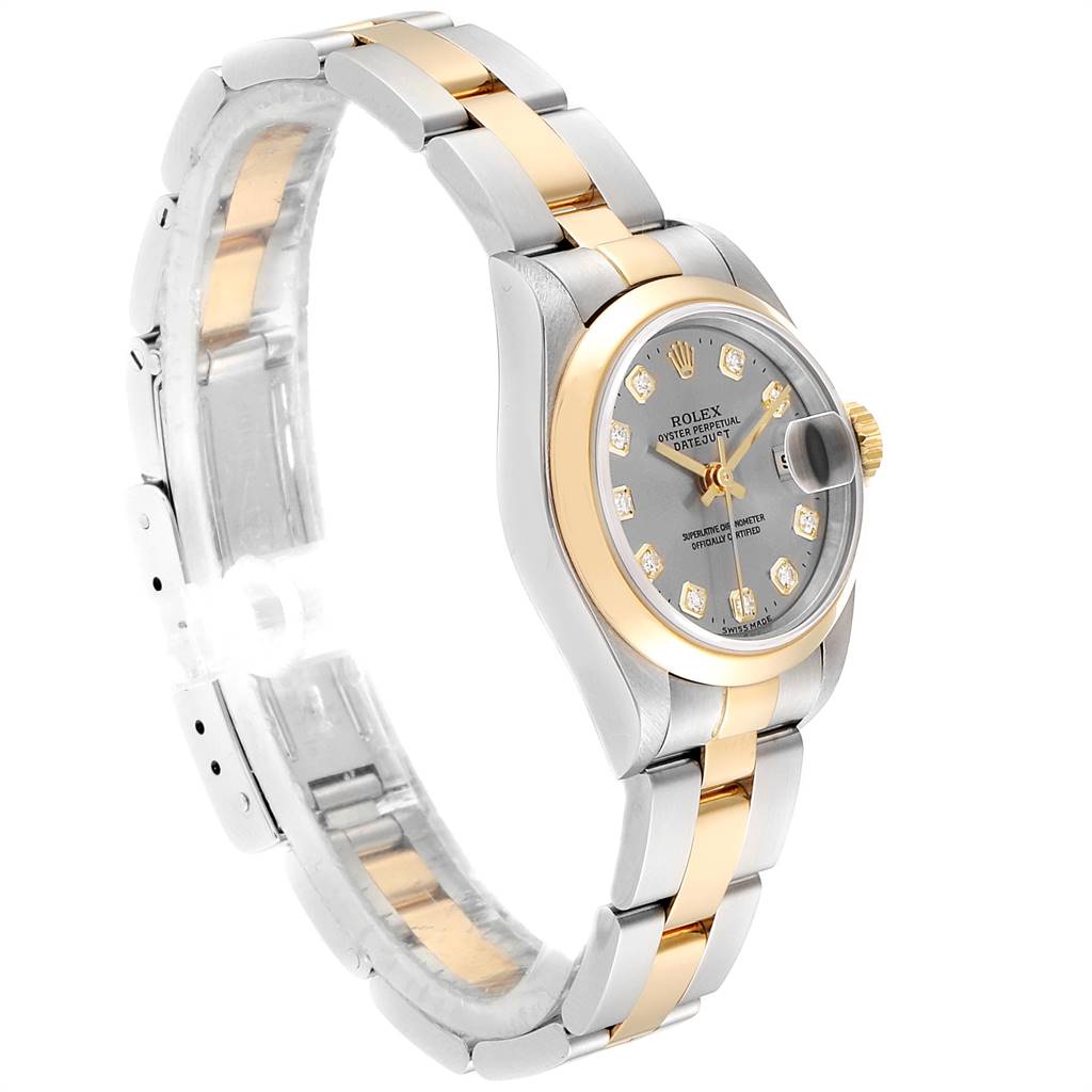 This image features a Rolex Datejust 69163 Women's Steel and Gold (two tone) Grey Dial 69163 Women's Steel and Gold (two tone) Grey Dial watch viewed from a three-quarter angle, showcasing the dial, bezel, and bracelet.