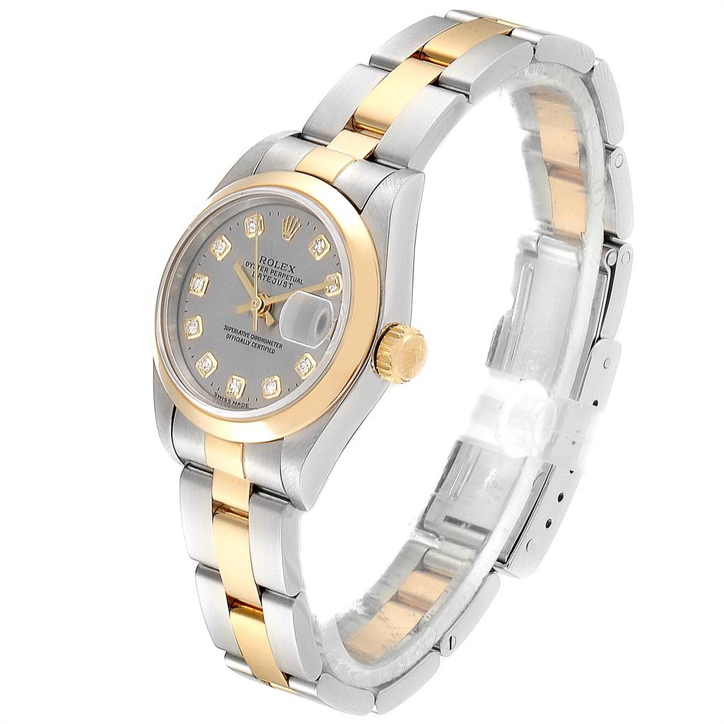 This image shows a Rolex Datejust 69163 Women's Steel and Gold (two tone) Grey Dial 69163 Women's Steel and Gold (two tone) Grey Dial watch at a slight angle, highlighting its face, bezel, bracelet, and crown.
