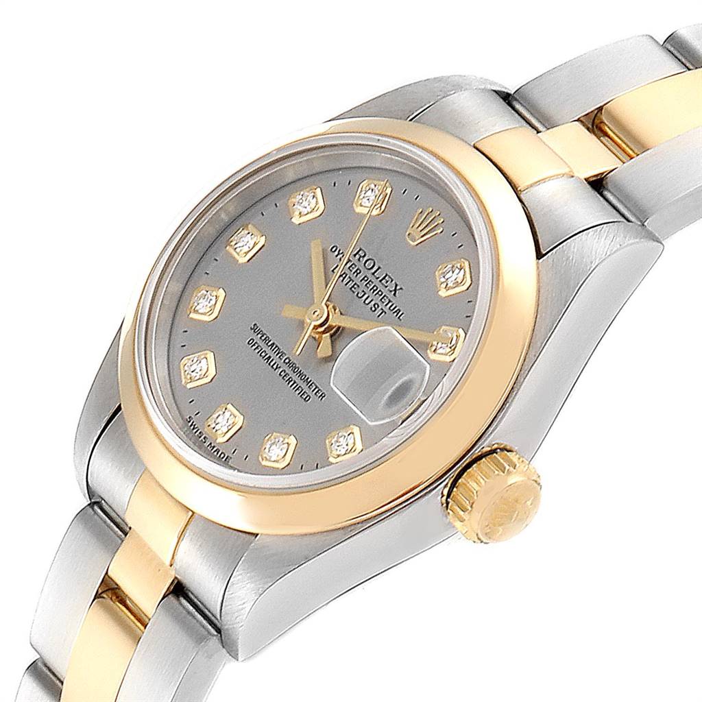 The image shows an angled close-up of a Rolex Datejust 69163 Women's Steel and Gold (two tone) Grey Dial 69163 Women's Steel and Gold (two tone) Grey Dial watch, highlighting the dial, crown, and part of the bracelet.