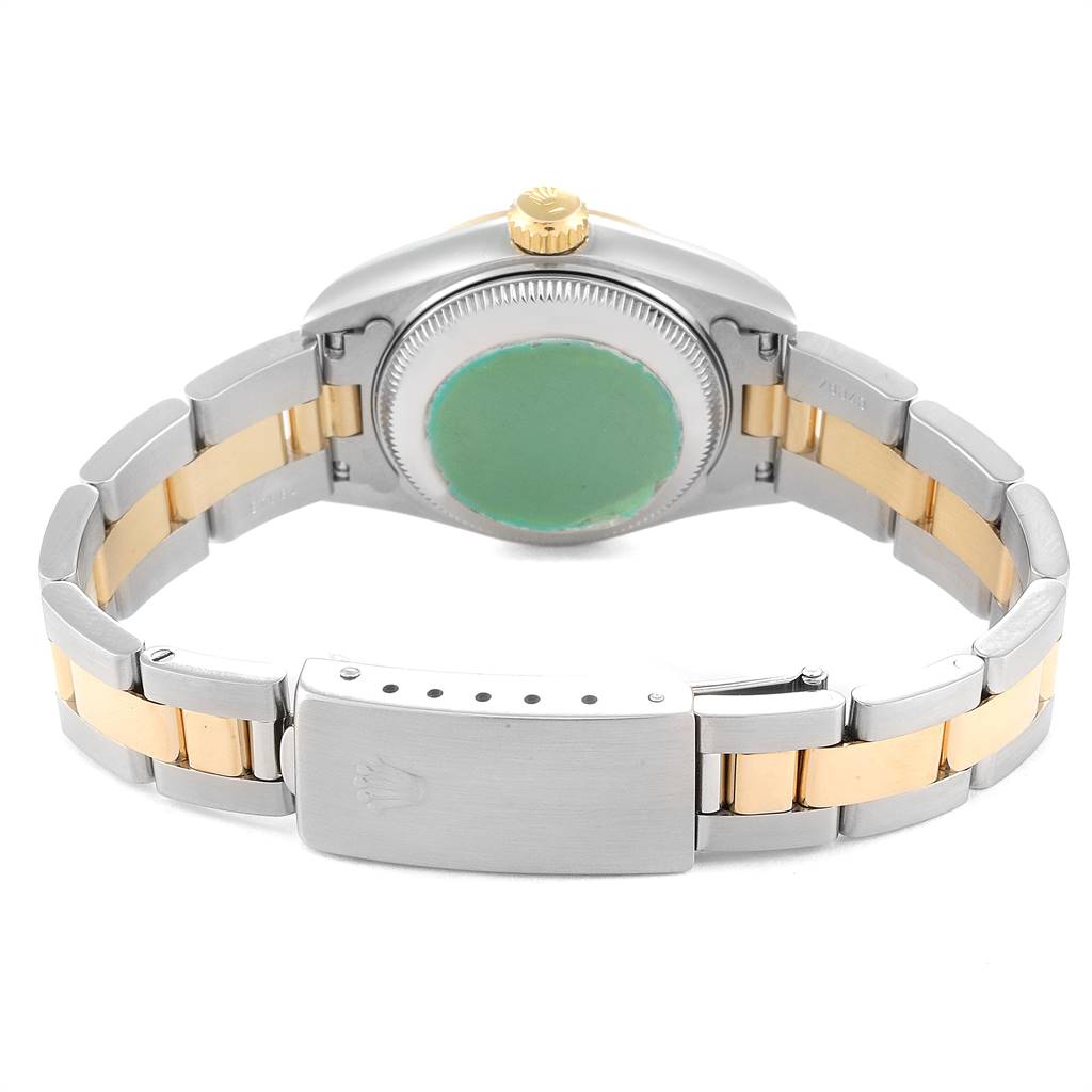 The image shows the back and the clasp of a Rolex Datejust 69163 Women's Steel and Gold (two tone) Grey Dial 69163 Women's Steel and Gold (two tone) Grey Dial watch, highlighting its two-tone bracelet.