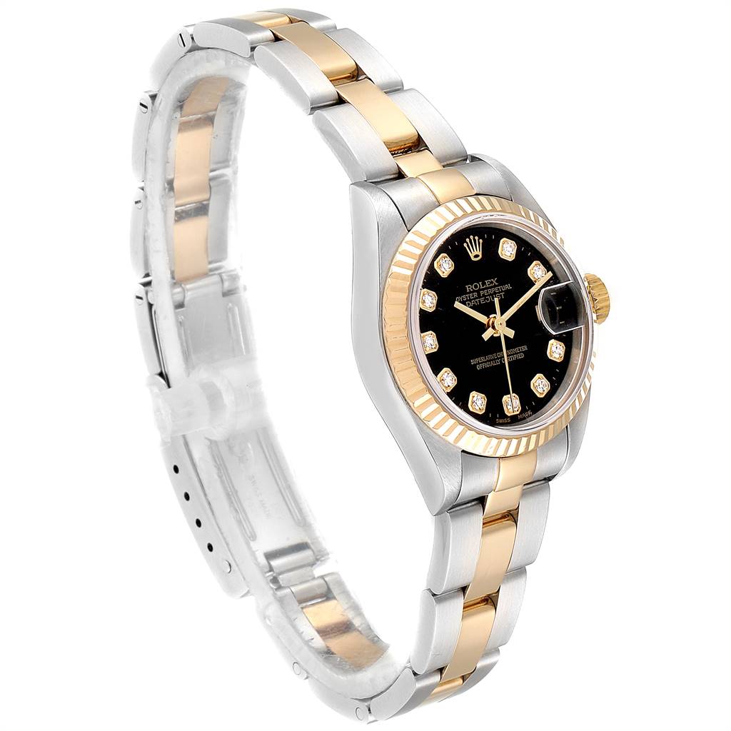 The Rolex Datejust 79173 Women's Steel and Gold (two tone) Black Dial 79173 Women's Steel and Gold (two tone) Black Dial watch is shown at an angle showcasing the gold and silver bracelet, black dial, and diamond markers.