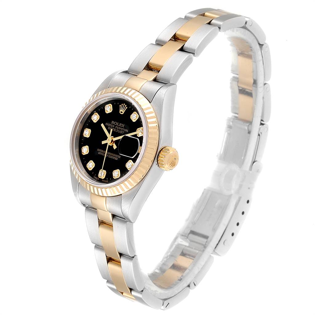 The Rolex Datejust 79173 Women's Steel and Gold (two tone) Black Dial 79173 Women's Steel and Gold (two tone) Black Dial watch is shown at a slight angle, capturing the face, case, crown, and band.