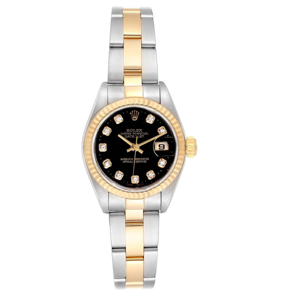 This image shows a frontal view of a Rolex Datejust 79173 Women's Steel and Gold (two tone) Black Dial 79173 Women's Steel and Gold (two tone) Black Dial watch with a two-tone bracelet and diamond hour markers on a black dial.