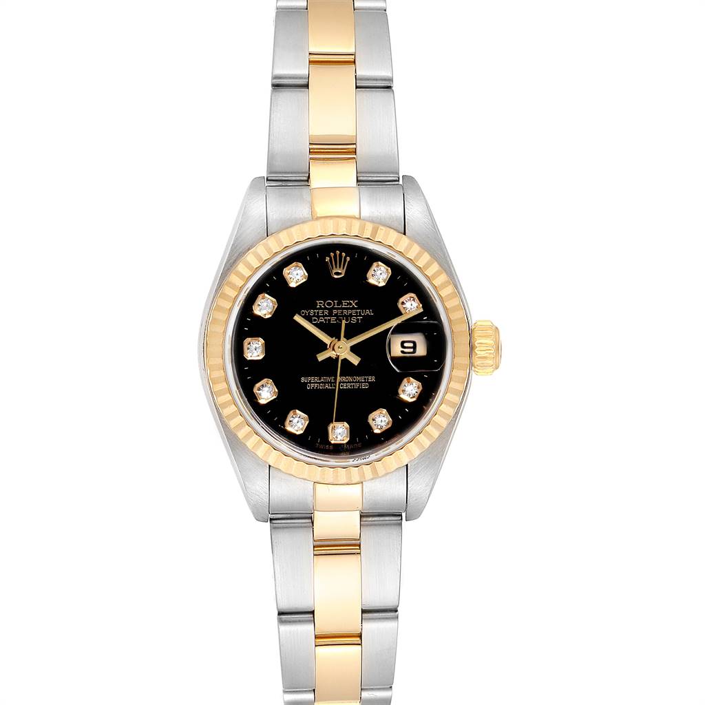 This Rolex Datejust 79173 Women's Steel and Gold (two tone) Black Dial 79173 Women's Steel and Gold (two tone) Black Dial watch is shown from a front angle, displaying the black dial, gold bezel, and two-tone bracelet.
