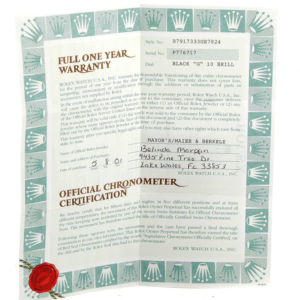 The image shows the warranty and chronometer certification card for a Rolex Datejust 79173 Women's Steel and Gold (two tone) Black Dial 79173 Women's Steel and Gold (two tone) Black Dial watch.