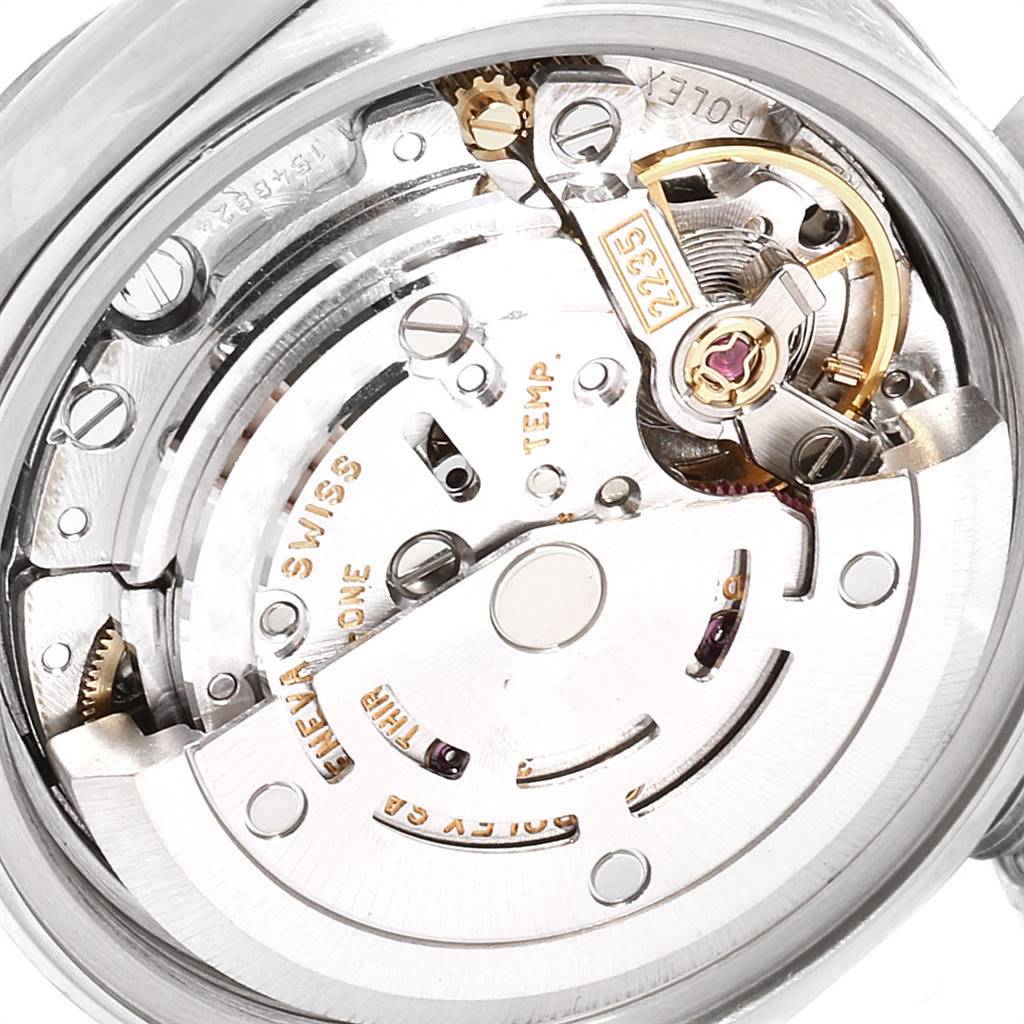 The image shows the intricate internal mechanical movement of a Rolex Datejust 79174 Women
s Stainless Steel Silver Dial 79174 Women
s Stainless Steel Silver Dial watch, viewed from the back.