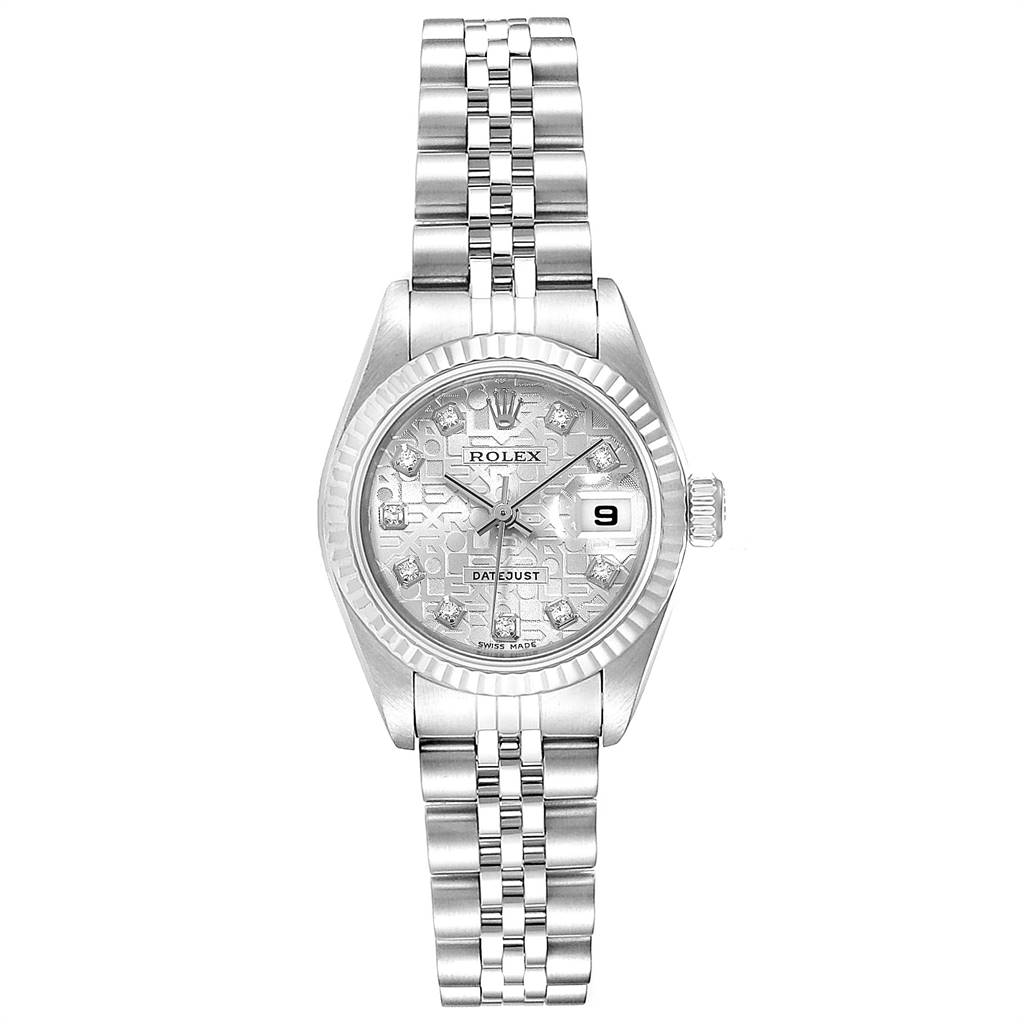 The Rolex Datejust 79174 Women
s Stainless Steel Silver Dial 79174 Women
s Stainless Steel Silver Dial watch is shown from a top-down angle, displaying its face, bracelet, and date.