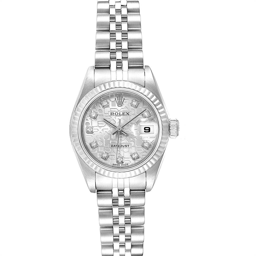 The image shows a front view of a Rolex Datejust 79174 Women
s Stainless Steel Silver Dial 79174 Women
s Stainless Steel Silver Dial watch, highlighting its dial, case, bezel, and bracelet.