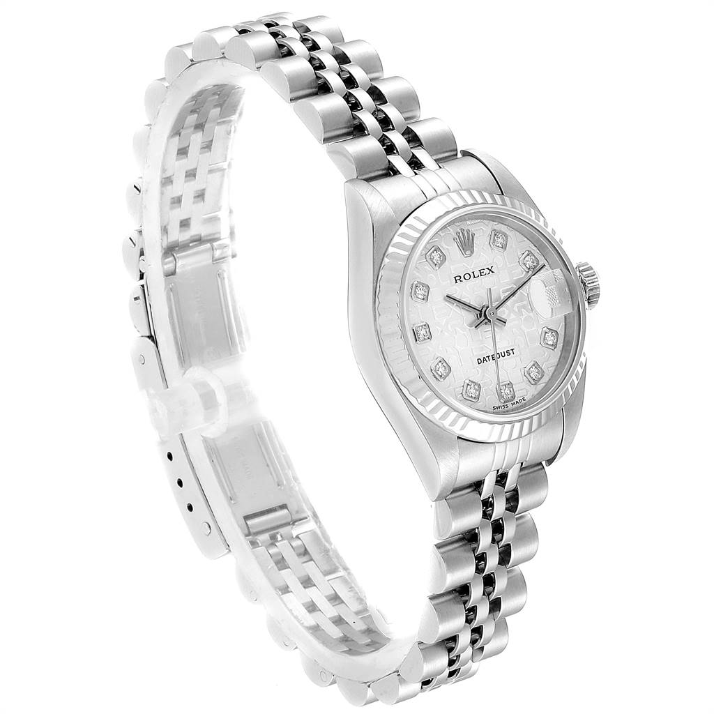 This image shows a Rolex Datejust 79174 Women
s Stainless Steel Silver Dial 79174 Women
s Stainless Steel Silver Dial watch at a slightly angled side view, highlighting the face, bracelet, and clasp.