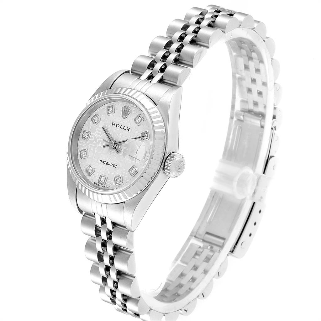 This image shows a three-quarters view of a Rolex Datejust 79174 Women
s Stainless Steel Silver Dial 79174 Women
s Stainless Steel Silver Dial watch, highlighting the face, bezel, and Jubilee bracelet.