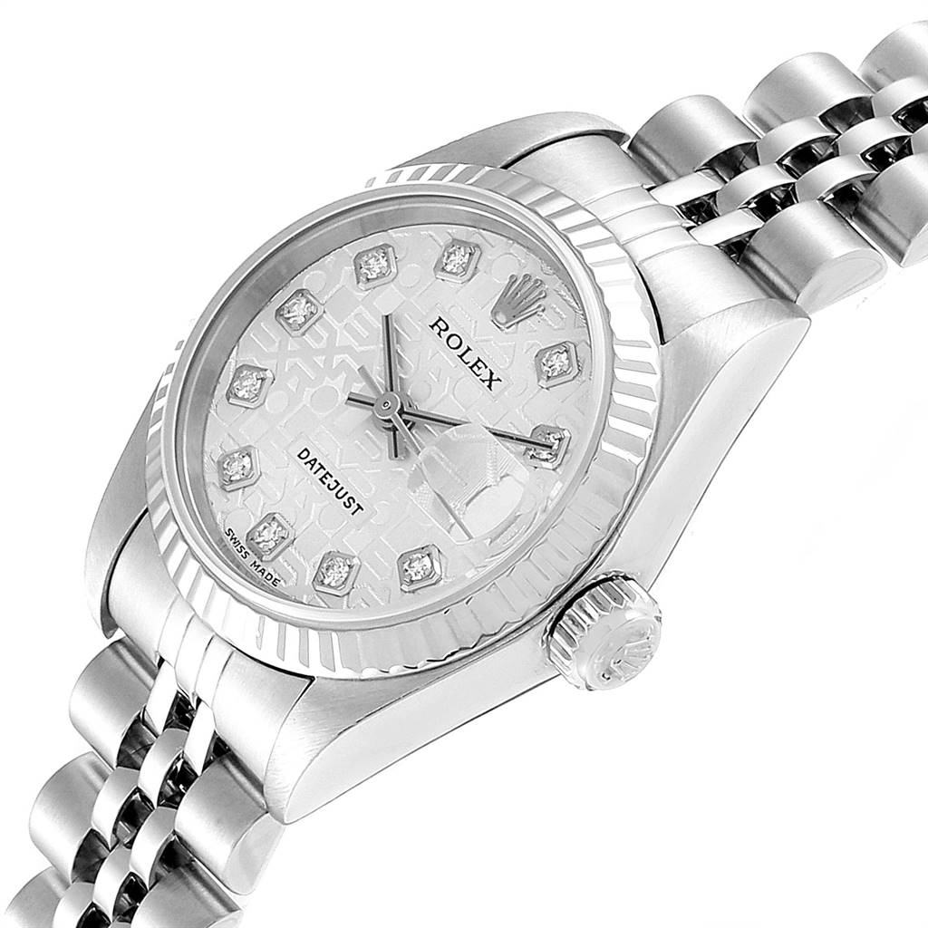 This image shows a tilted side view of a Rolex Datejust 79174 Women
s Stainless Steel Silver Dial 79174 Women
s Stainless Steel Silver Dial, focusing on the case, crown, bracelet, and dial.