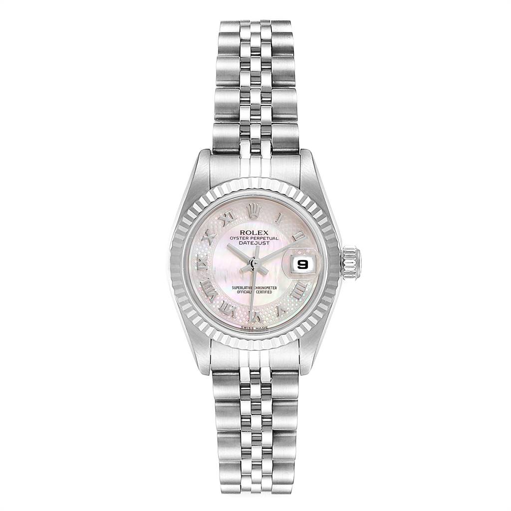 The image shows a front view of a Rolex Datejust 79174 Women
s Stainless Steel Mother of Pearl Dial 79174 Women
s Stainless Steel Mother of Pearl Dial watch, including the face, bezel, and bracelet.