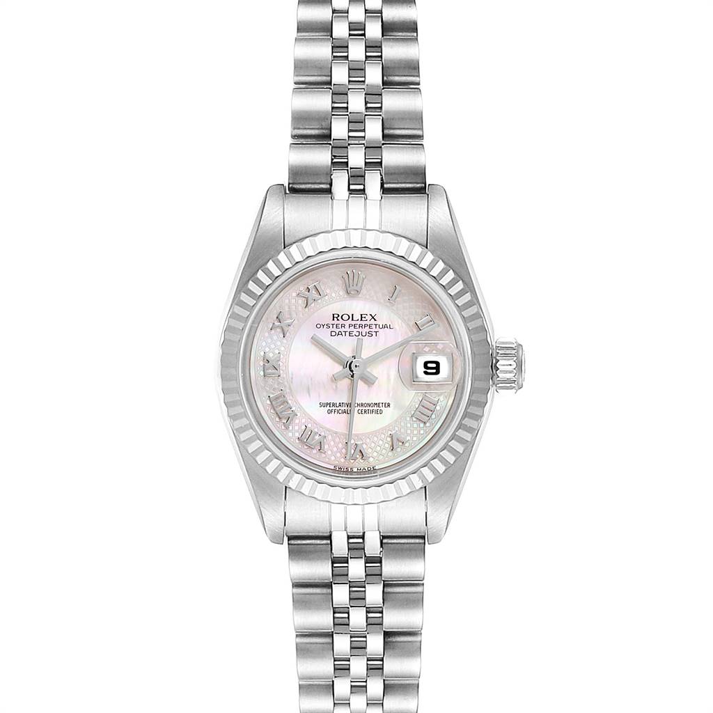 The Rolex Datejust 79174 Women
s Stainless Steel Mother of Pearl Dial 79174 Women
s Stainless Steel Mother of Pearl Dial watch is shown from a top view, displaying its face, bezel, crown, and bracelet.