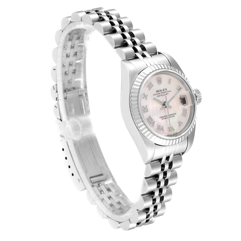 The image shows a side view of the Rolex Datejust 79174 Women
s Stainless Steel Mother of Pearl Dial 79174 Women
s Stainless Steel Mother of Pearl Dial watch, featuring its bracelet, case, and dial.