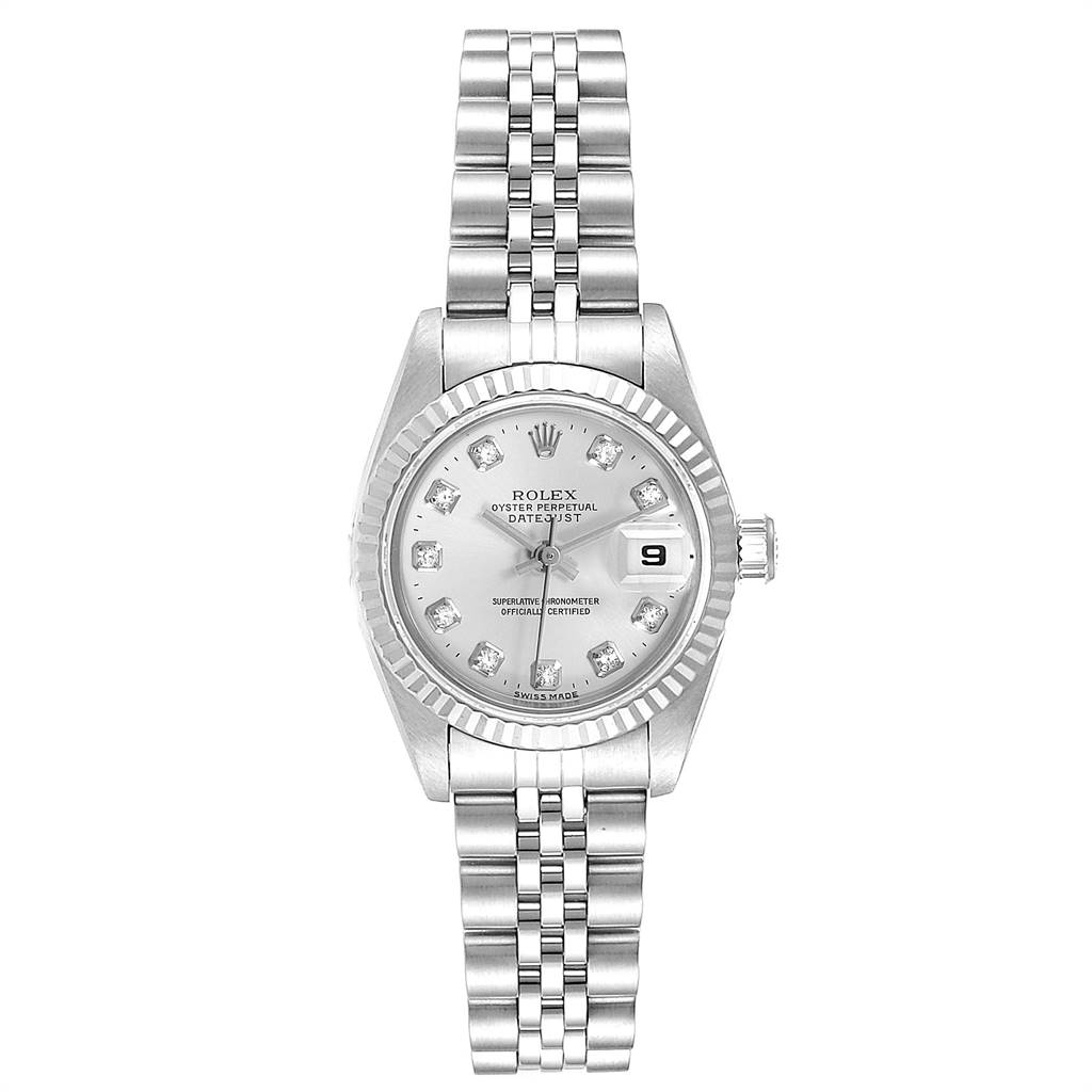 This image shows a front view of the Rolex Datejust 69174 Women
s Stainless Steel Silver Dial 69174 Women
s Stainless Steel Silver Dial watch, highlighting its dial, fluted bezel, and Jubilee bracelet.