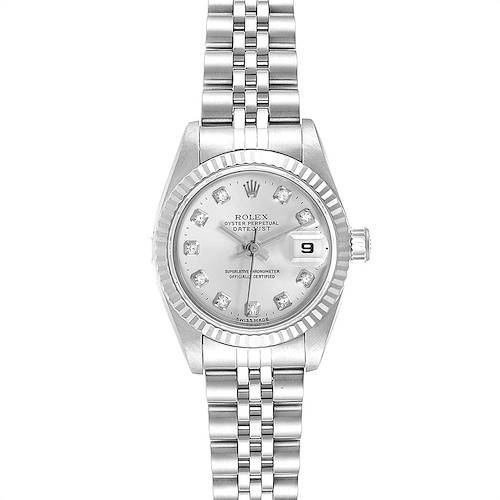 This Rolex Datejust watch is shown from a front angle, displaying the dial, bezel, crown, and bracelet.