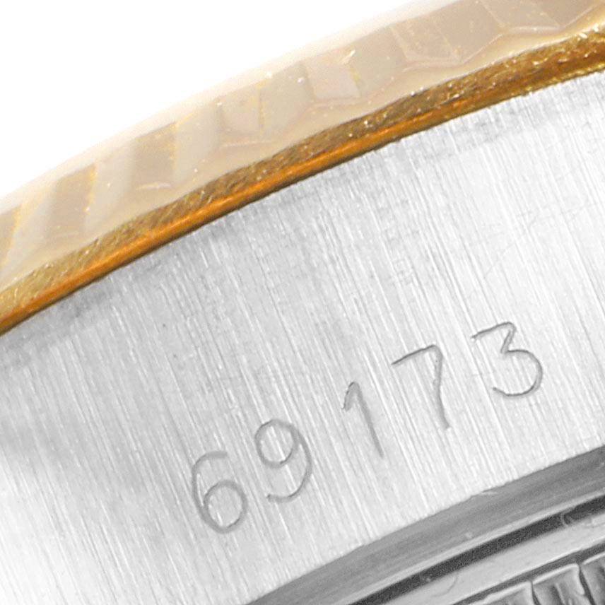 The image shows a close-up of the model number "69173" etched on the case of a Rolex Datejust 69173 Women's Stainless Steel Blue Dial 69173 Women's Stainless Steel Blue Dial watch.