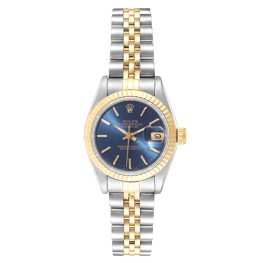 This Rolex Datejust 69173 Women's Stainless Steel Blue Dial 69173 Women's Stainless Steel Blue Dial watch is shown from a front angle, displaying the face, bezel, crown, and bracelet.