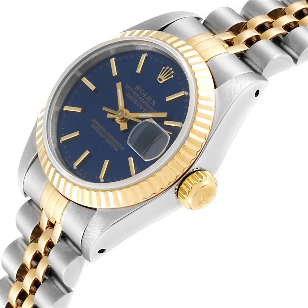 This image shows a side angle of a Rolex Datejust 69173 Women's Stainless Steel Blue Dial 69173 Women's Stainless Steel Blue Dial watch, highlighting the crown, bezel, and part of the bracelet.