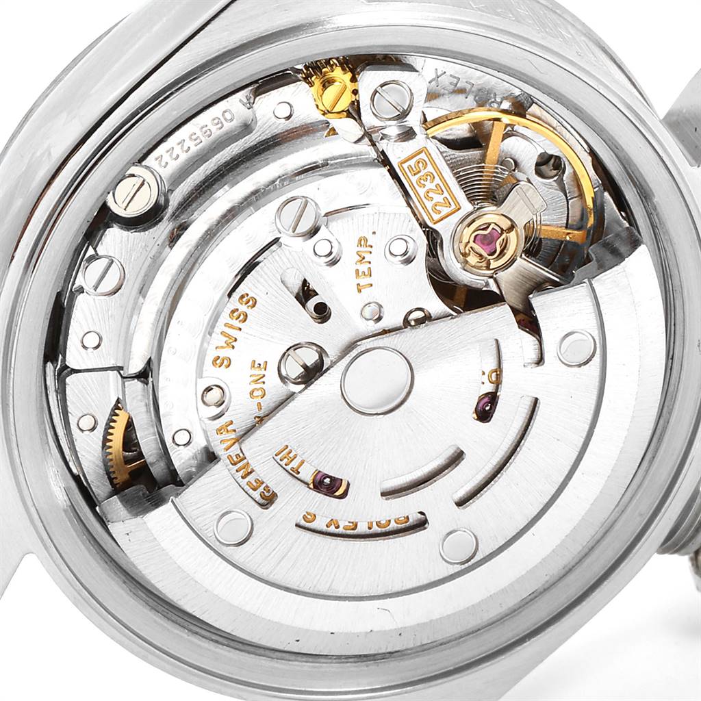 The image shows the internal movement mechanism of a Rolex Datejust 79174 Women
s Stainless Steel Pink Dial 79174 Women
s Stainless Steel Pink Dial watch from a rear angle.