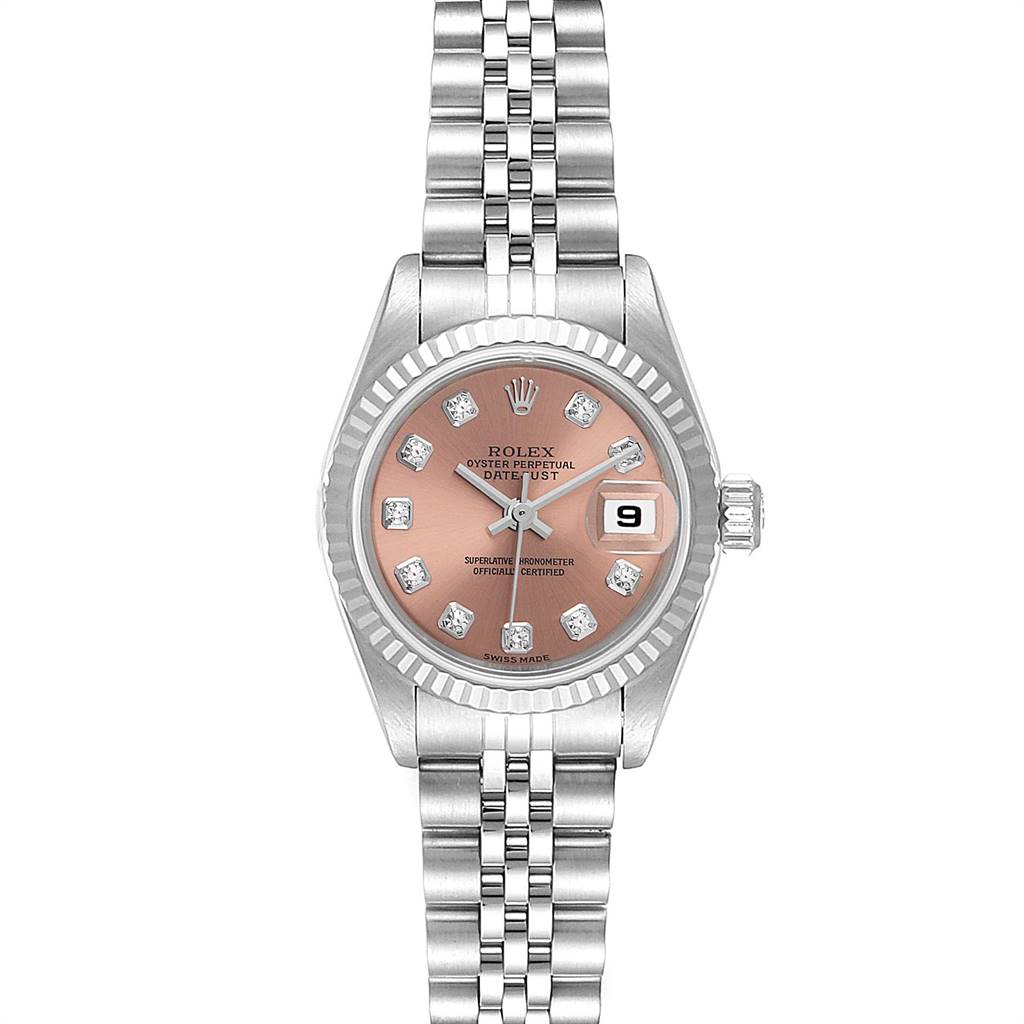 This image shows a Rolex Datejust 79174 Women
s Stainless Steel Pink Dial 79174 Women
s Stainless Steel Pink Dial watch from a straight-on angle, displaying the dial, bezel, and bracelet.