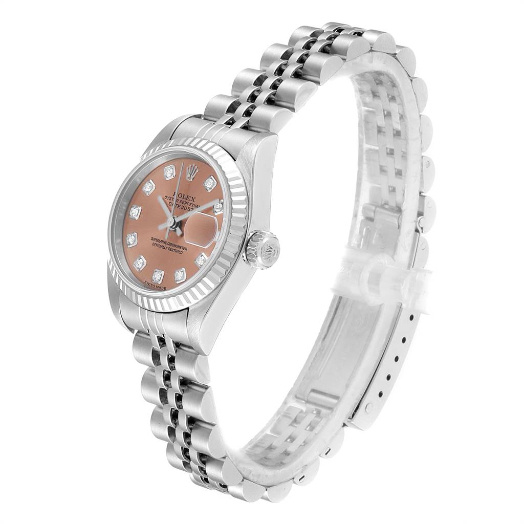 The image shows a side angle of a Rolex Datejust 79174 Women
s Stainless Steel Pink Dial 79174 Women
s Stainless Steel Pink Dial watch, highlighting its bracelet, case, and dial.