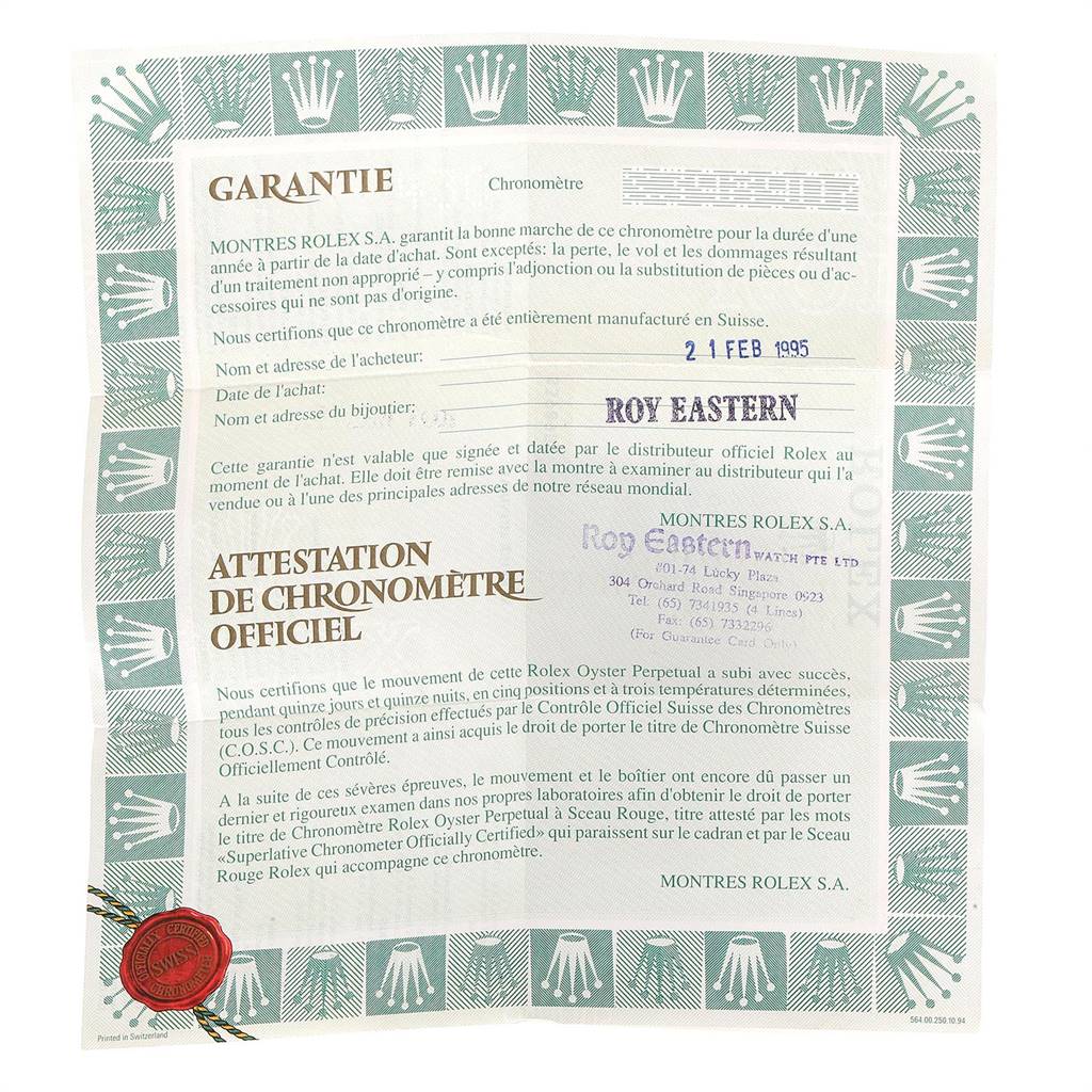 The image shows the official certification and warranty papers for a Rolex Datejust 69174 Women
s Stainless Steel Silver Dial 69174 Women
s Stainless Steel Silver Dial watch.