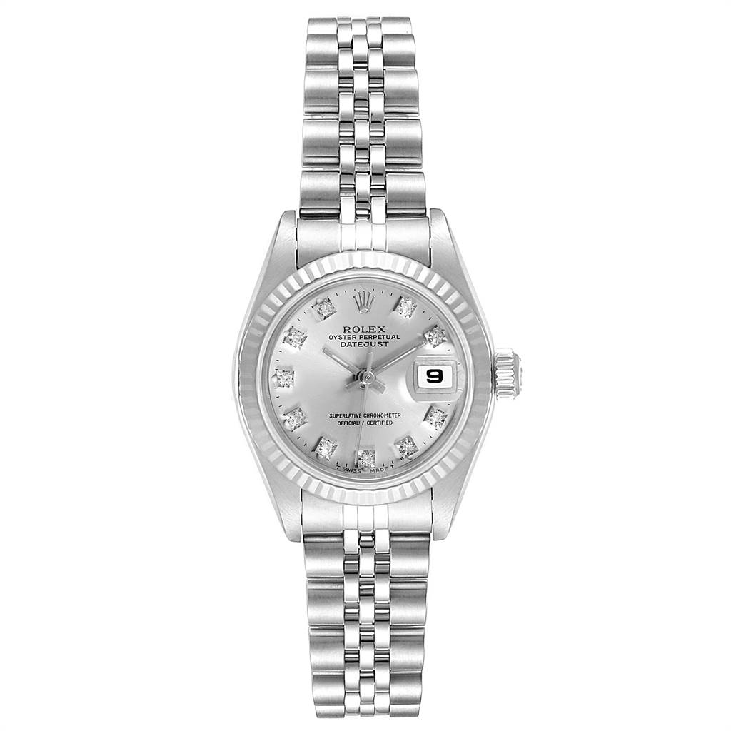 This image shows the front view of a Rolex Datejust 69174 Women
s Stainless Steel Silver Dial 69174 Women
s Stainless Steel Silver Dial watch, including its dial, bezel, case, crown, and bracelet.