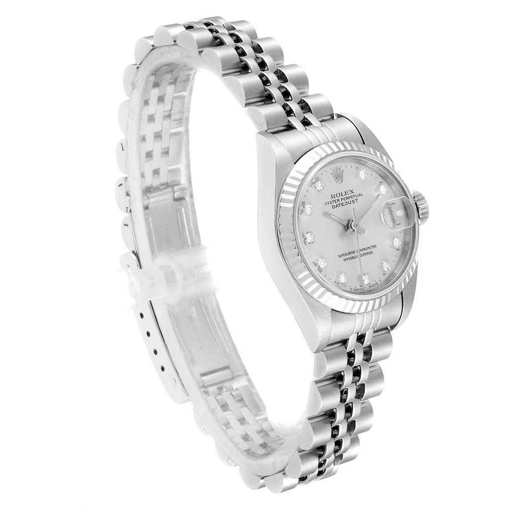 The image shows a Rolex Datejust 69174 Women
s Stainless Steel Silver Dial 69174 Women
s Stainless Steel Silver Dial watch at a three-quarter angle, highlighting the face, bezel, and bracelet.