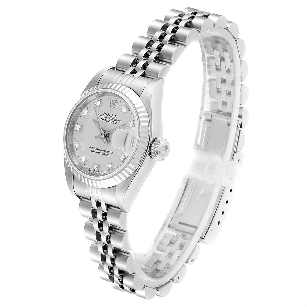 The image shows a side angle of the Rolex Datejust 69174 Women
s Stainless Steel Silver Dial 69174 Women
s Stainless Steel Silver Dial watch, highlighting its face, bezel, and band.