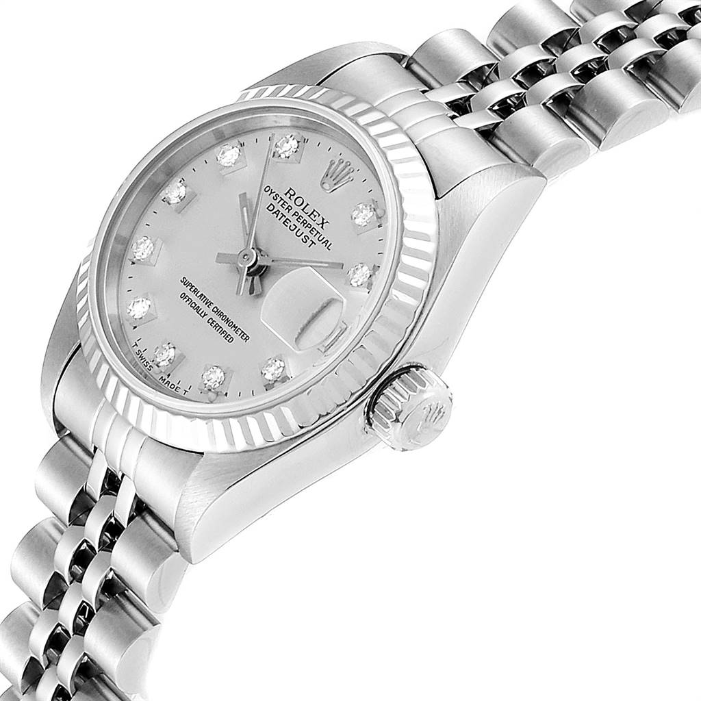 The image shows a close-up side angle of the Rolex Datejust 69174 Women
s Stainless Steel Silver Dial 69174 Women
s Stainless Steel Silver Dial watch, highlighting the dial, bezel, crown, and bracelet.