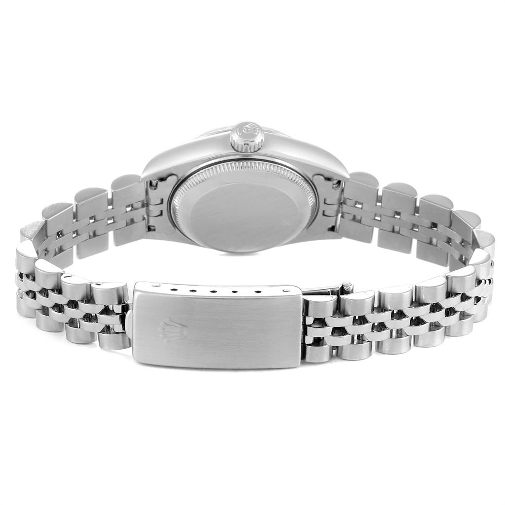 The image shows the back view of the Rolex Datejust 69174 Women
s Stainless Steel Silver Dial 69174 Women
s Stainless Steel Silver Dial watch, displaying its case back and Jubilee bracelet.