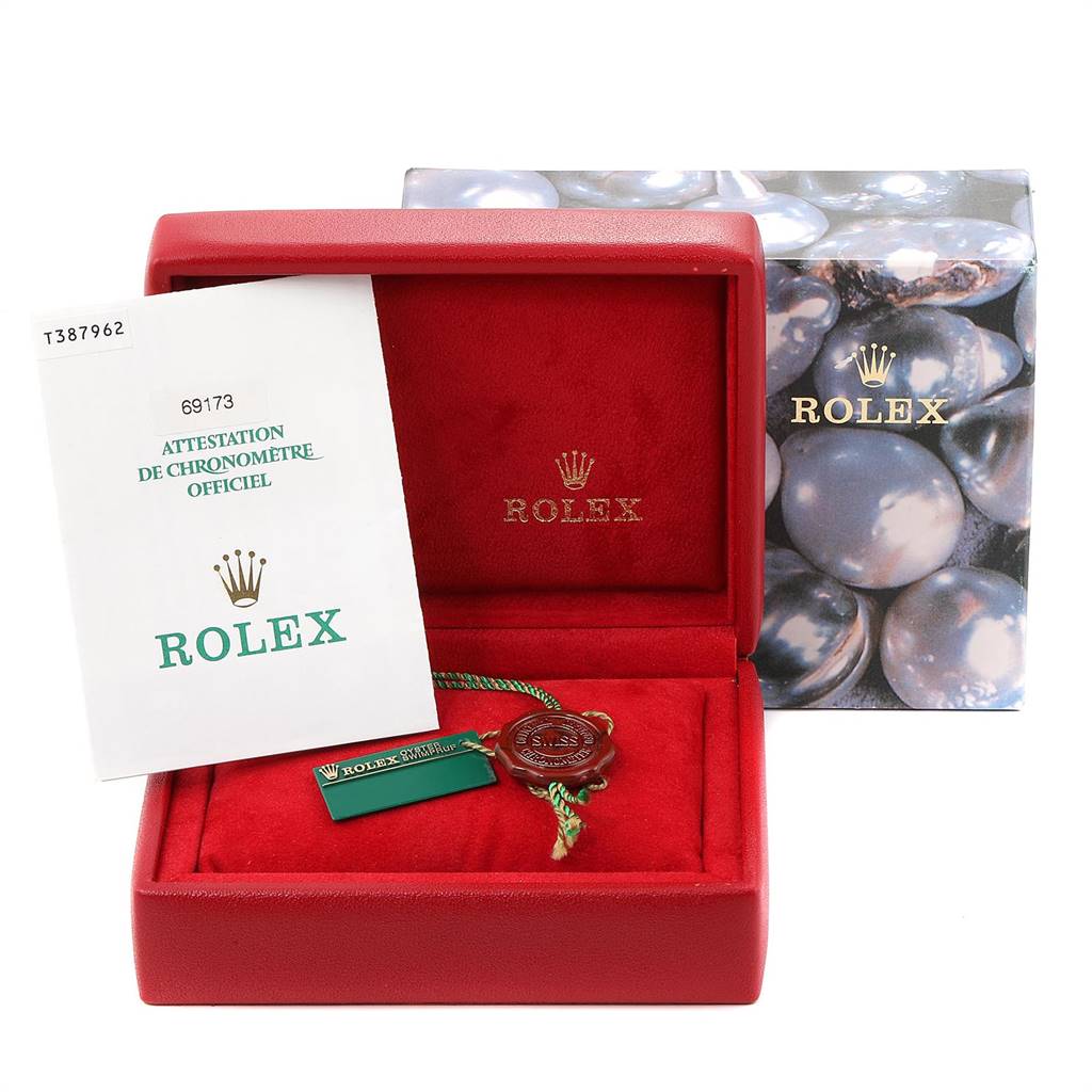 The image shows a Rolex Datejust 69173 Women's Stainless Steel White Dial 69173 Women's Stainless Steel White Dial watch box, authentication certificate, and tags, with the box open at the front angle.