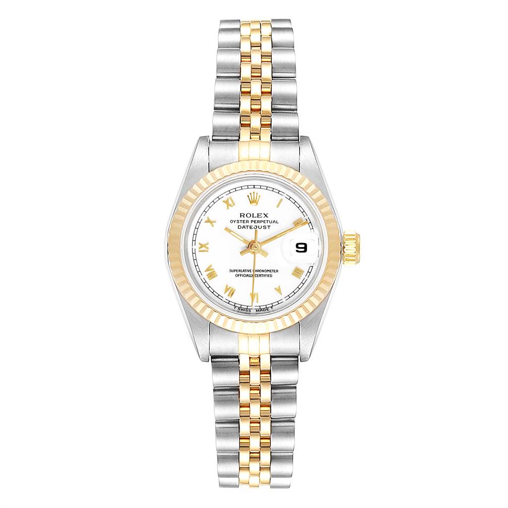 This image shows a Rolex Datejust 69173 Women's Stainless Steel White Dial 69173 Women's Stainless Steel White Dial watch from a top-down perspective, displaying its face, bezel, and bracelet.