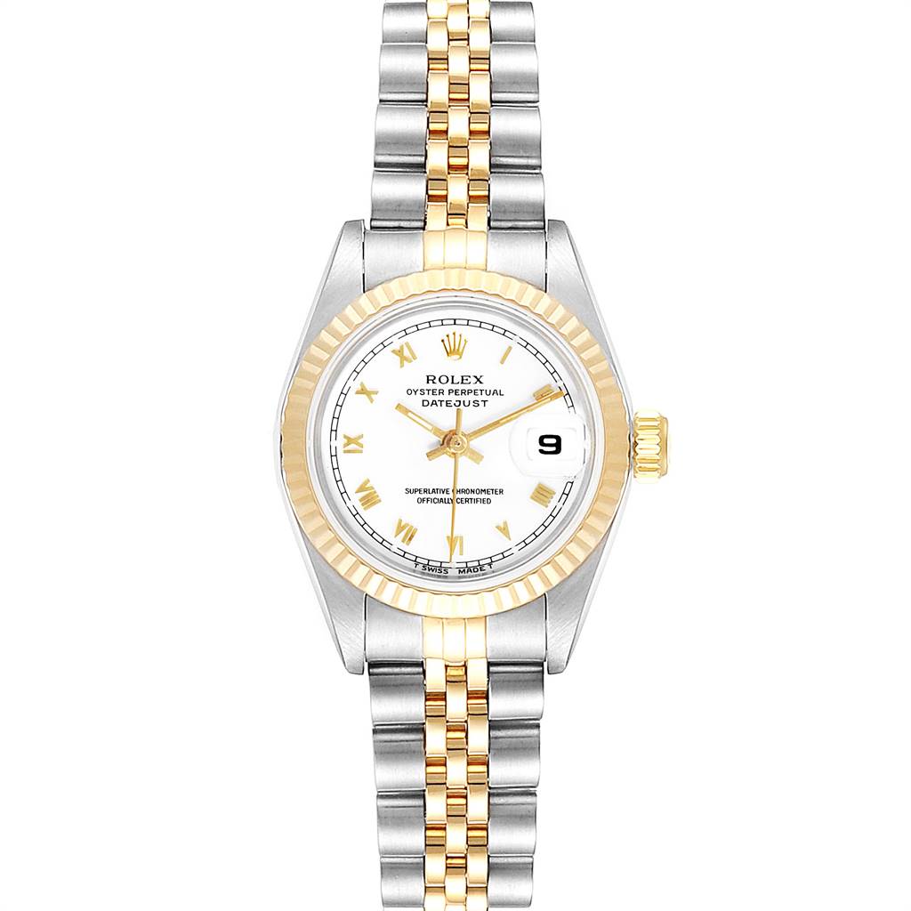 This image shows a front view of a Rolex Datejust 69173 Women's Stainless Steel White Dial 69173 Women's Stainless Steel White Dial watch, displaying its face, fluted bezel, and two-tone bracelet.