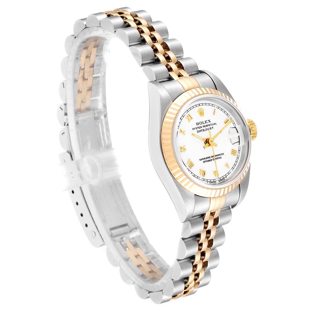 This Rolex Datejust 69173 Women's Stainless Steel White Dial 69173 Women's Stainless Steel White Dial watch is shown at an angled view, highlighting the dial, bezel, and bracelet.