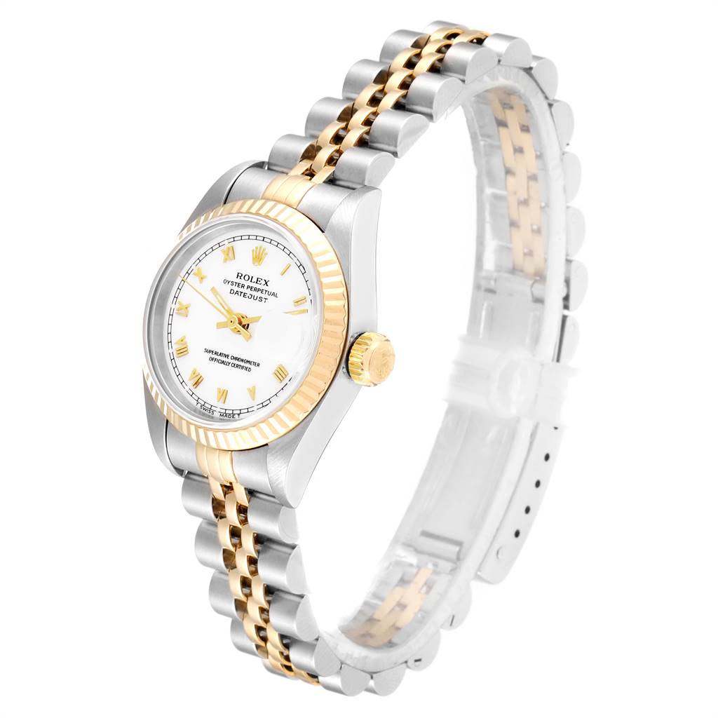 This image shows a side angle of a Rolex Datejust 69173 Women's Stainless Steel White Dial 69173 Women's Stainless Steel White Dial watch, displaying the dial, crown, and bracelet.