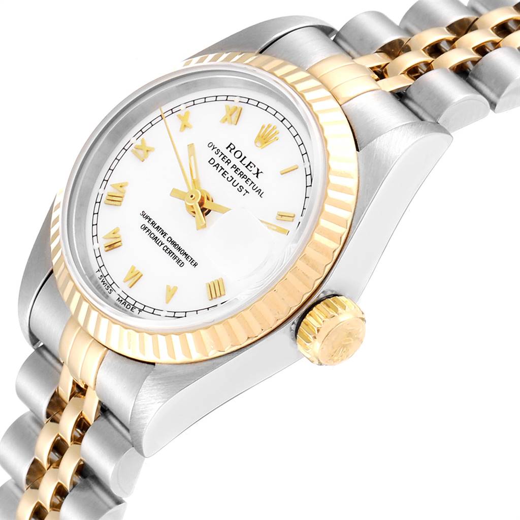 The Rolex Datejust 69173 Women's Stainless Steel White Dial 69173 Women's Stainless Steel White Dial watch is shown at an angle highlighting the crown, fluted bezel, and part of the two-tone jubilee bracelet.
