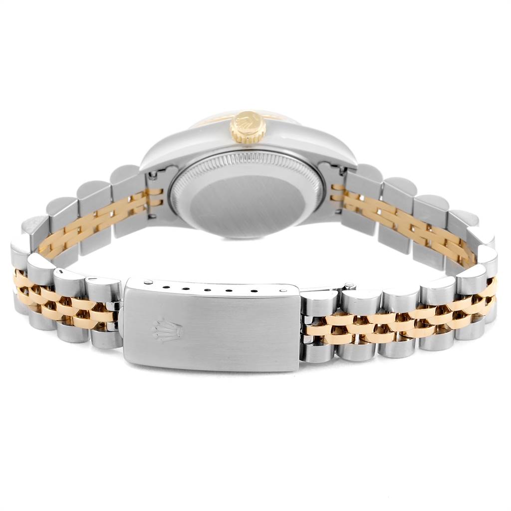 The image shows the back view of a Rolex Datejust 69173 Women's Stainless Steel White Dial 69173 Women's Stainless Steel White Dial watch, focusing on the clasp and the case back.