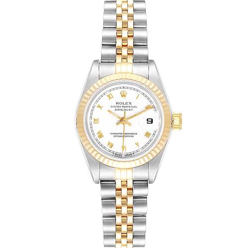 The Rolex Datejust watch is shown from the front, displaying its dial, bracelet, and fluted bezel.