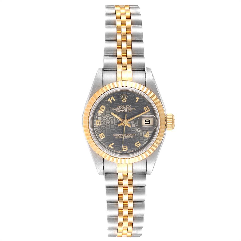 This image shows a front view of a Rolex Datejust 69173 Women's Stainless Steel Black Dial 69173 Women's Stainless Steel Black Dial watch, displaying the dial, bezel, crown, case, and bracelet.