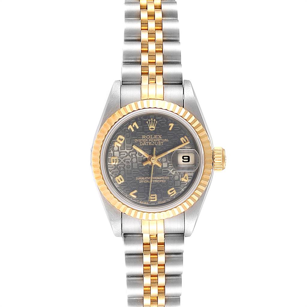 This Rolex Datejust 69173 Women's Stainless Steel Black Dial 69173 Women's Stainless Steel Black Dial model is shown from a front angle, highlighting its face, bezel, and bracelet.