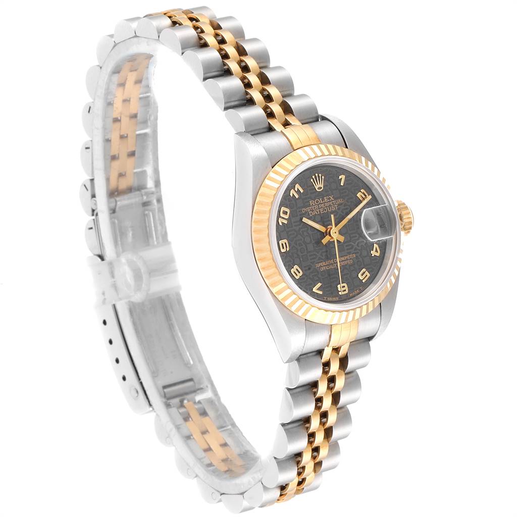 The image shows a Rolex Datejust 69173 Women's Stainless Steel Black Dial 69173 Women's Stainless Steel Black Dial watch at a slight angle, highlighting the face, bezel, and the two-tone bracelet.